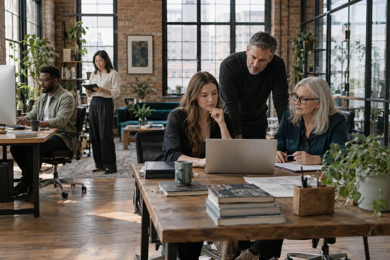 a diverse team of adults working in a sunlit loft studio