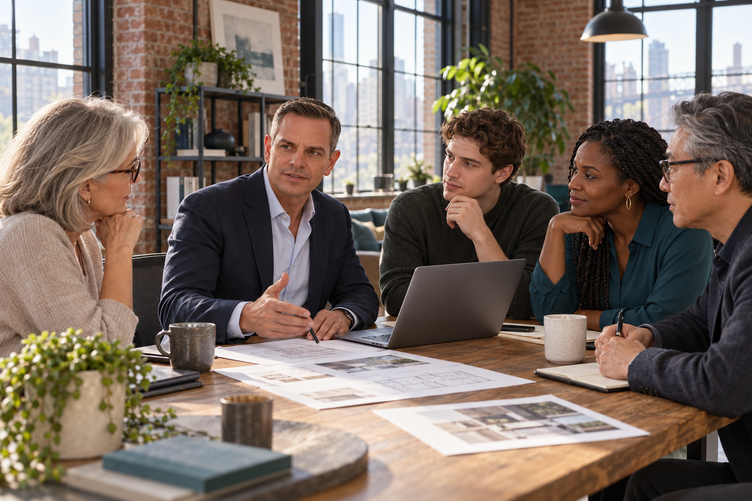 Rich wearing a navy jacket and meeting clients in a loft