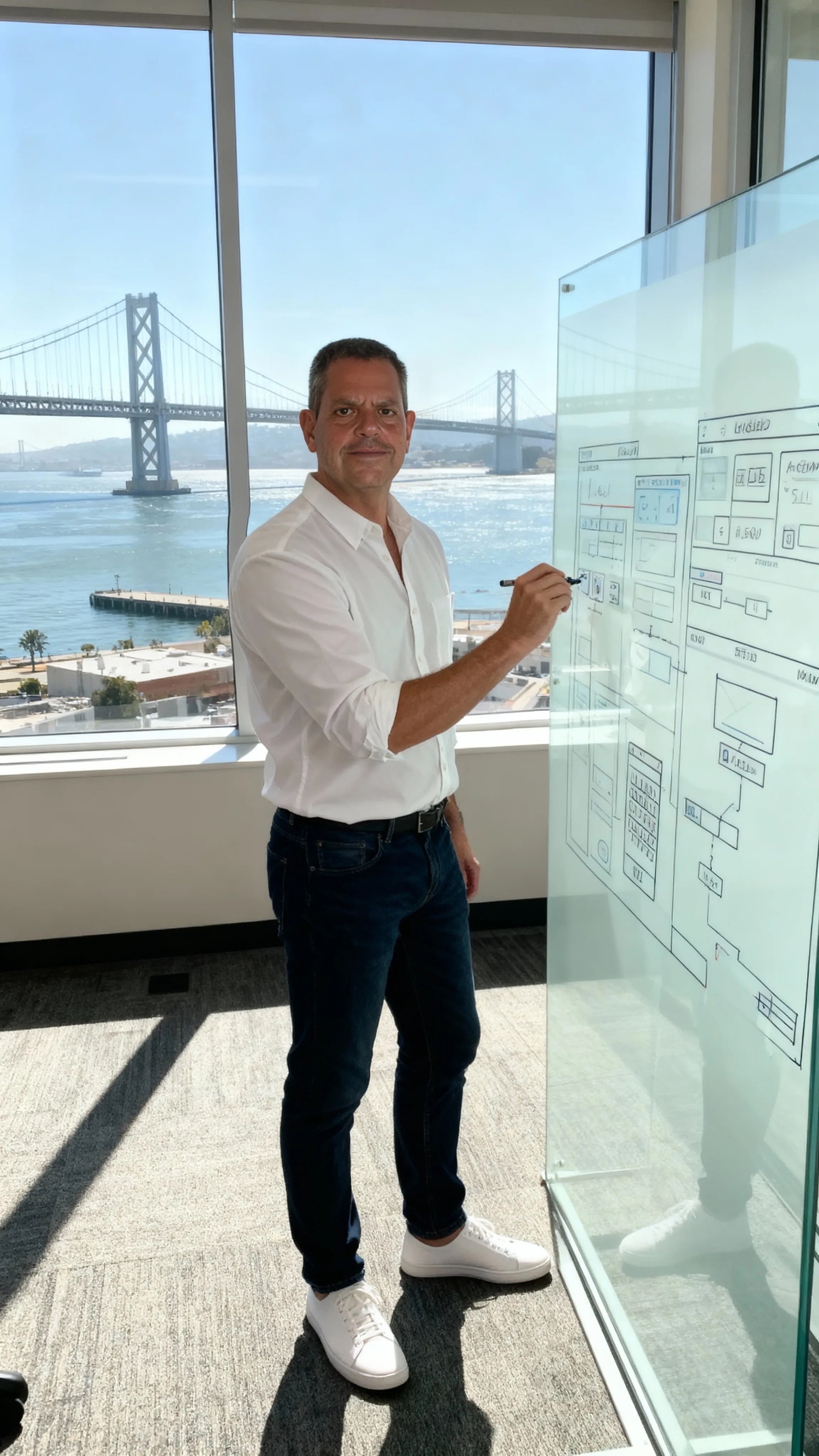 Rich Drummond working on website plans on a glass board