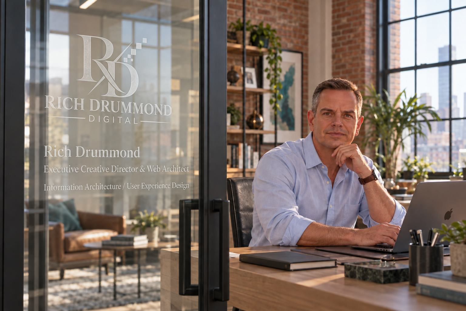 Rich at his desk in a glass-walled loft office with branded door signage