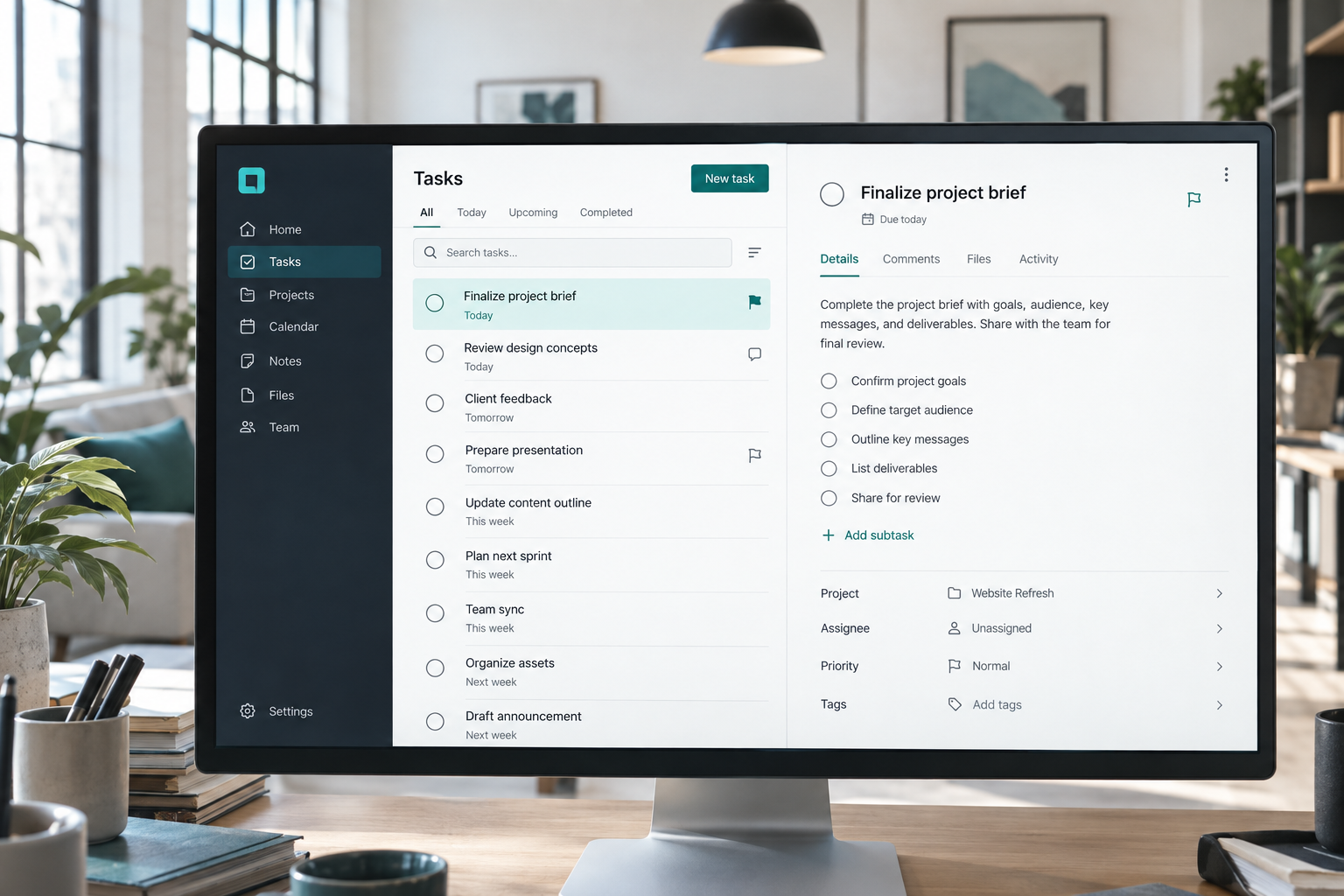 A focused application interface with a task list and detail panel