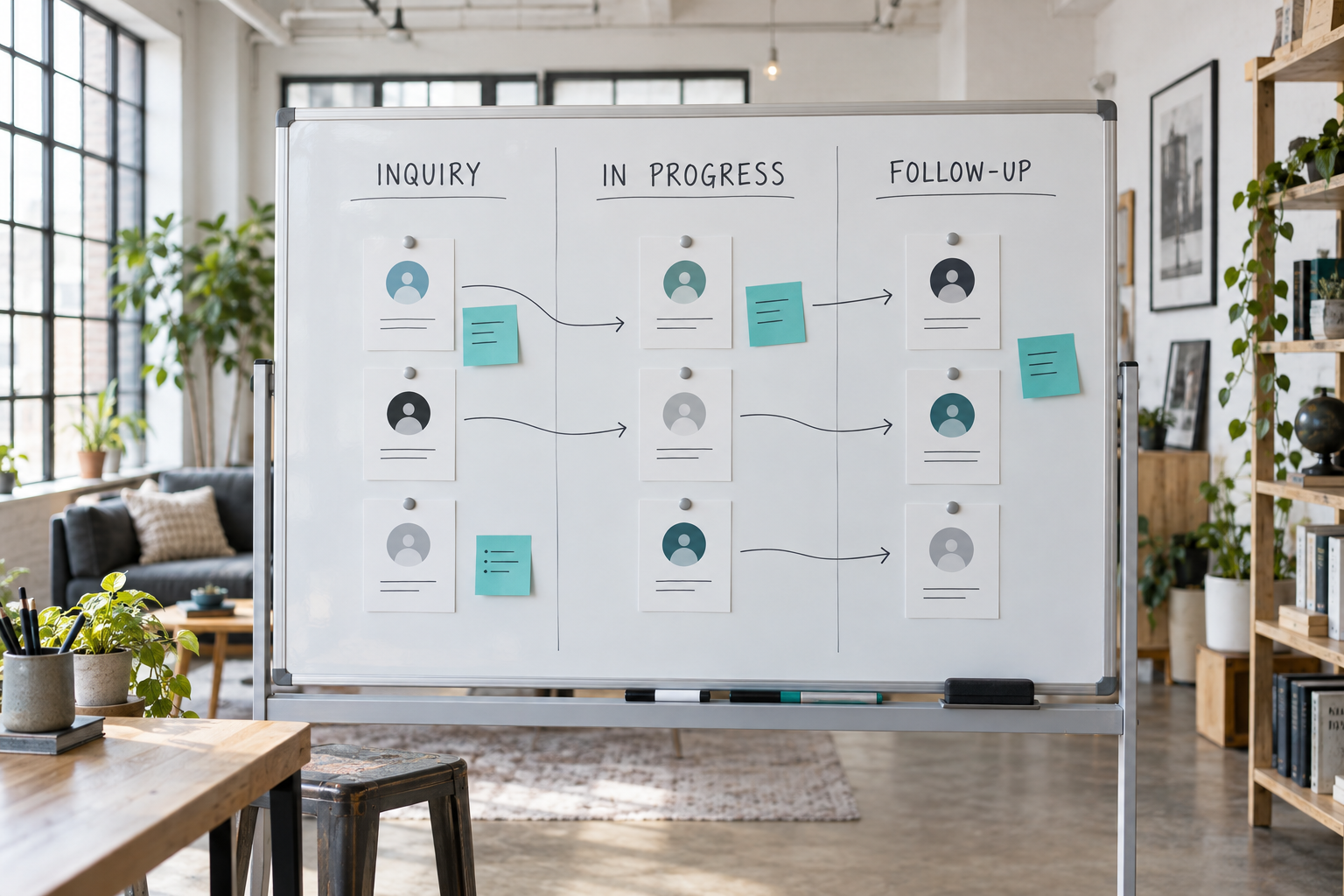 Contact cards organized into inquiry, work in progress, and follow-up stages