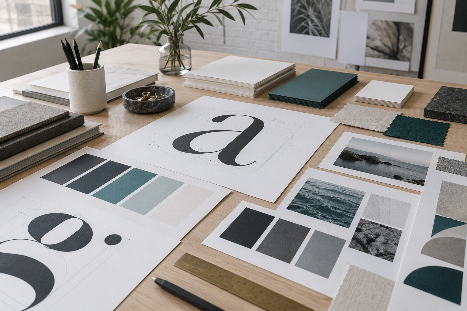 Typography, teal color swatches, and coordinated brand stationery