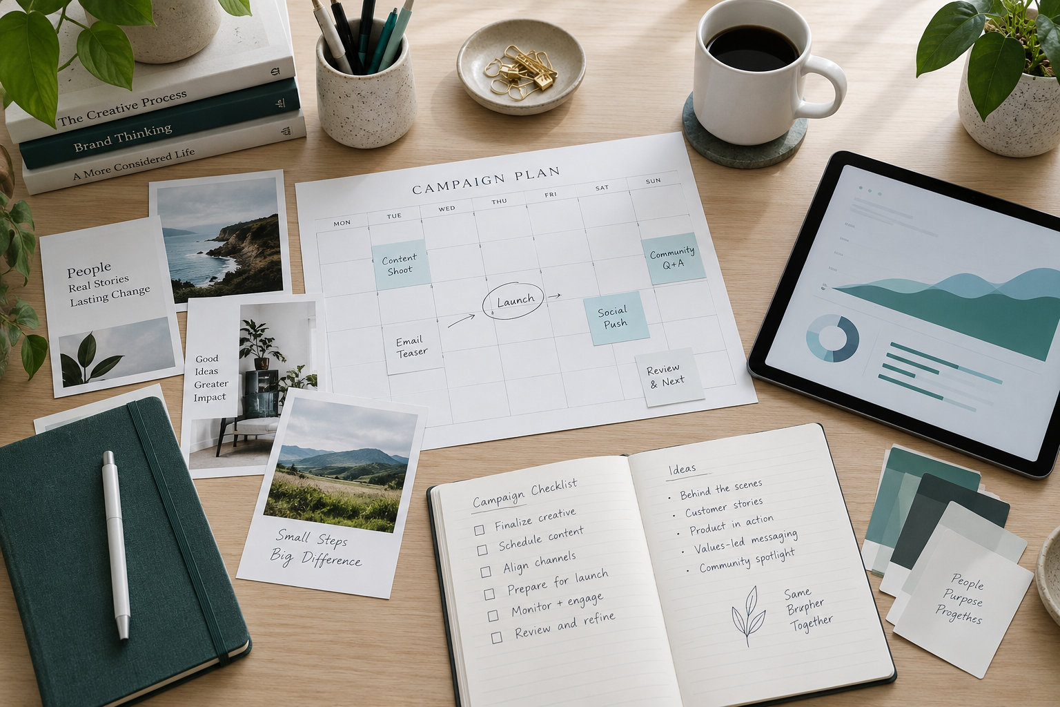 Campaign calendar, social content cards, and an analytics planning tablet