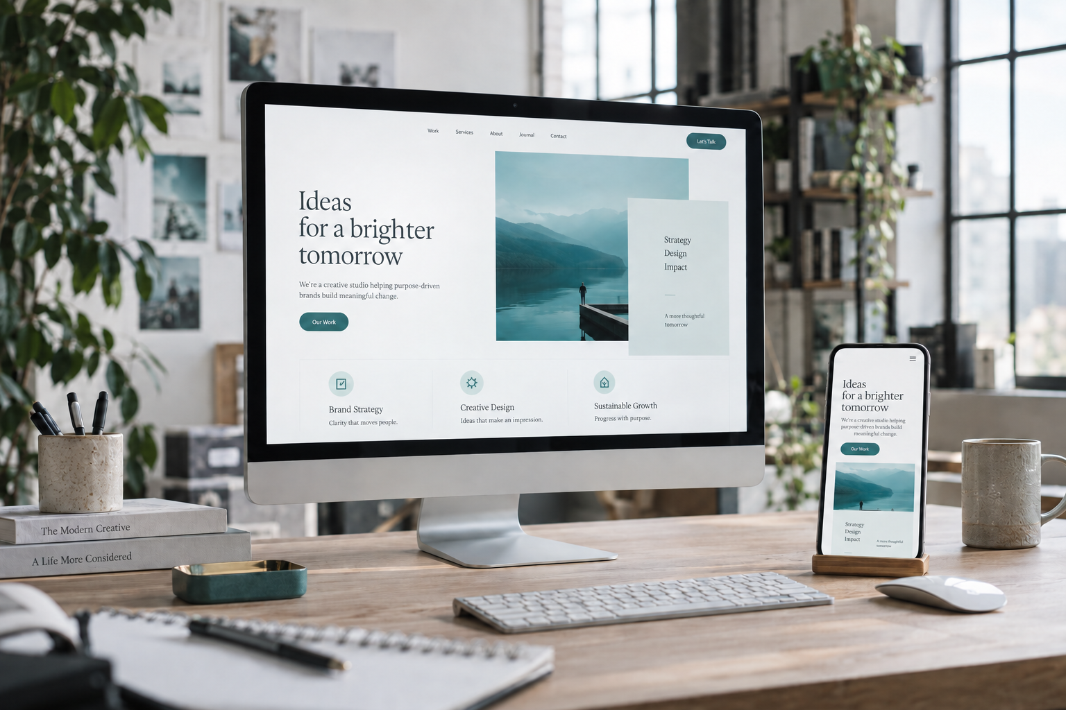 Coordinated website layouts on a desktop monitor and smartphone